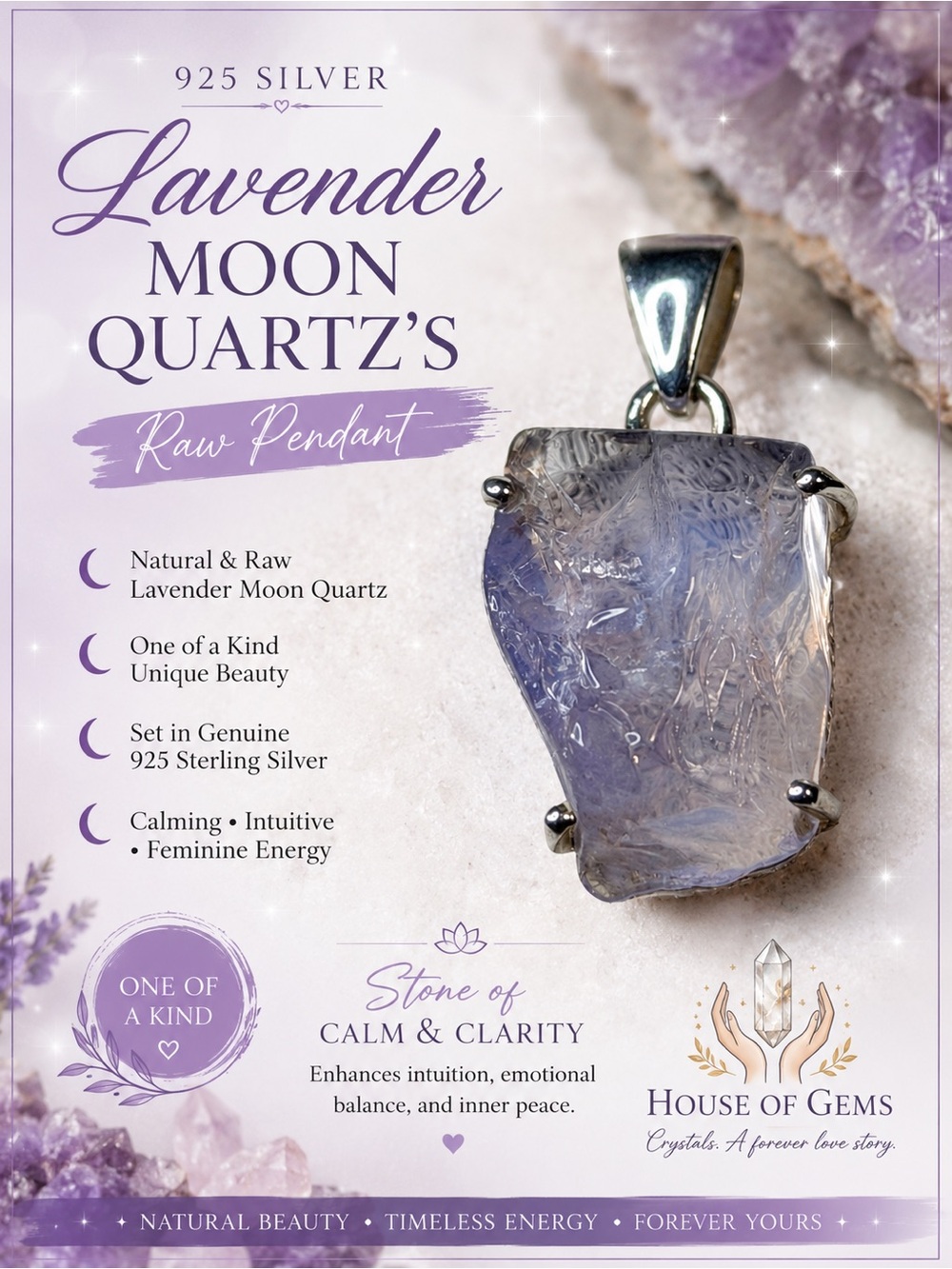 Lavender Moon Quartz Raw Pendant - Sterling Silver